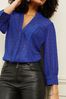 Love & Roses Cobalt Blue Dobby Lace Trim 3/4 Sleeve Button Through Blouse