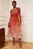 Front Twisted Cut Out Dress Franchi Rust Spot Printed Halter Pleated Belted Midi Dress