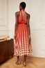 Love & Roses Rust Spot Printed Halter Pleated Belted Midi Dress
