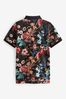 Black Floral Short Sleeve All Over Print Polo longues Shirt (3-16yrs)