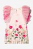 Girls Tulle Sleeve Rose Print Dress in Pink