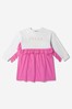 Girls Cotton Ruffle Trim Logo Dress in Pink