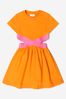 Girls Cotton Cut Out Logo Tape Dress in Orange