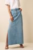 Mid Blue Button Front Side Split Denim Maxi Skirt