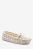 Neutral/Cream Check Faux Fur Lined Moccasin Slippers