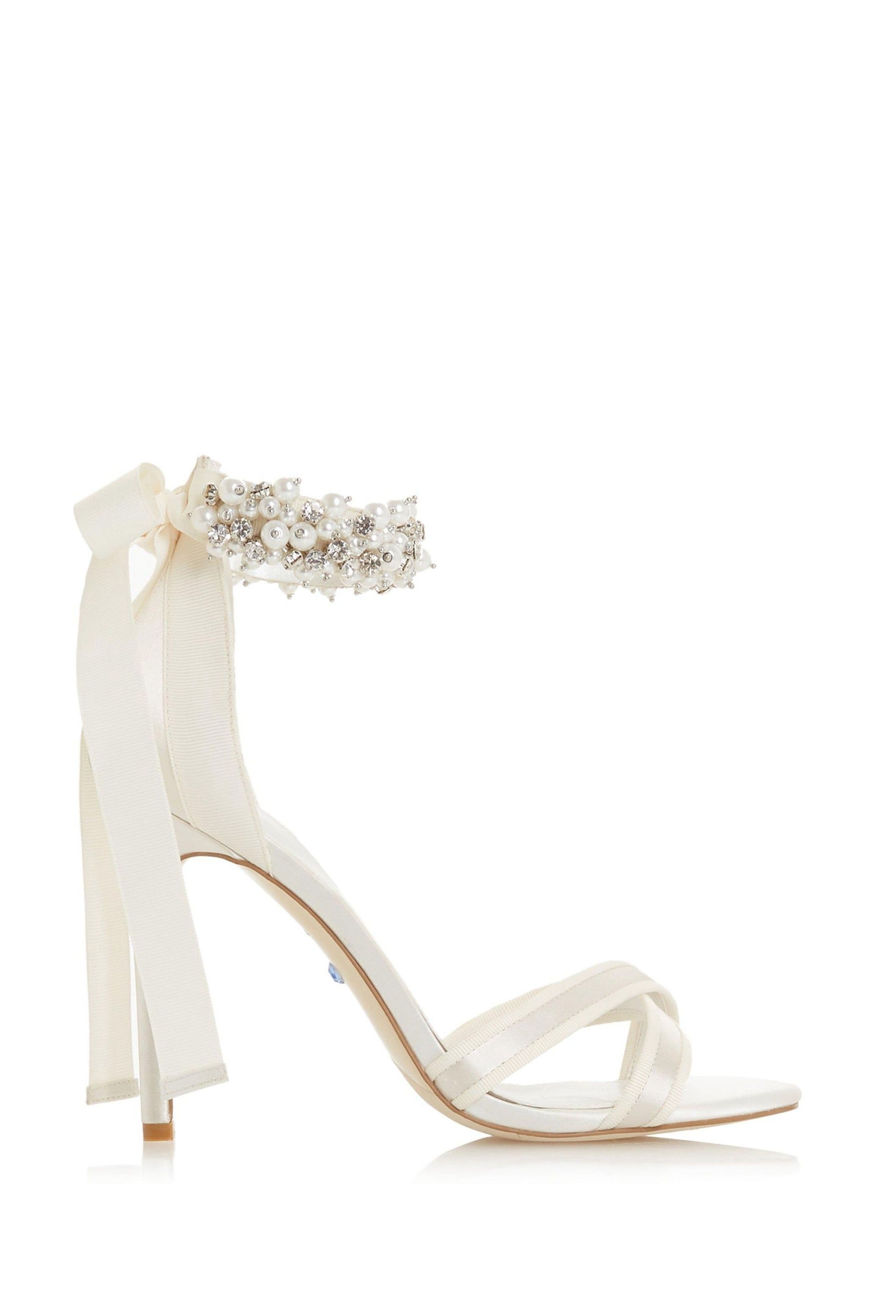 Buy Dune London Martine Ivory Satin Embellished Ankle Tie Court from ...