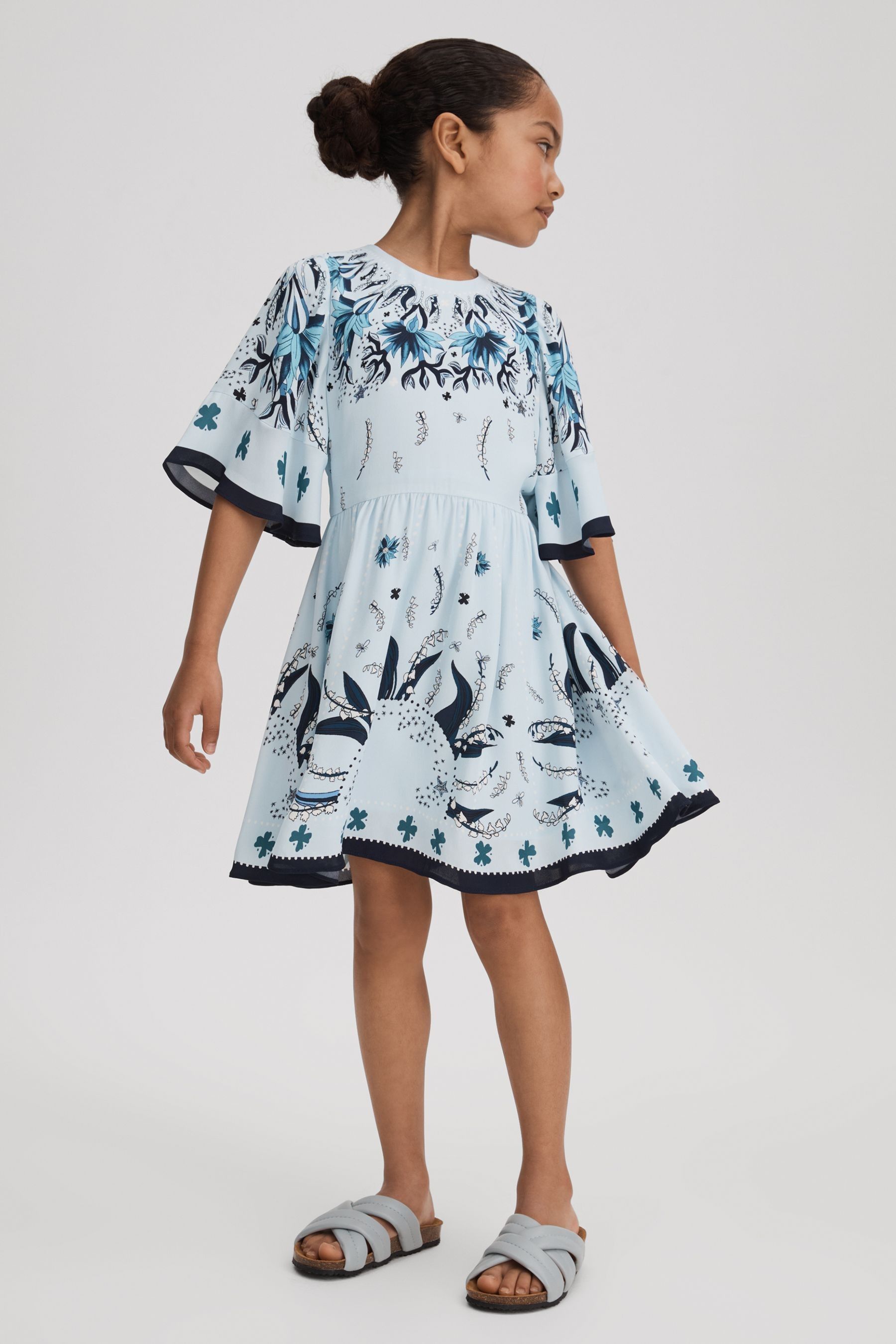 Reiss Blue Ania Junior Printed Flared Sleeve Dress