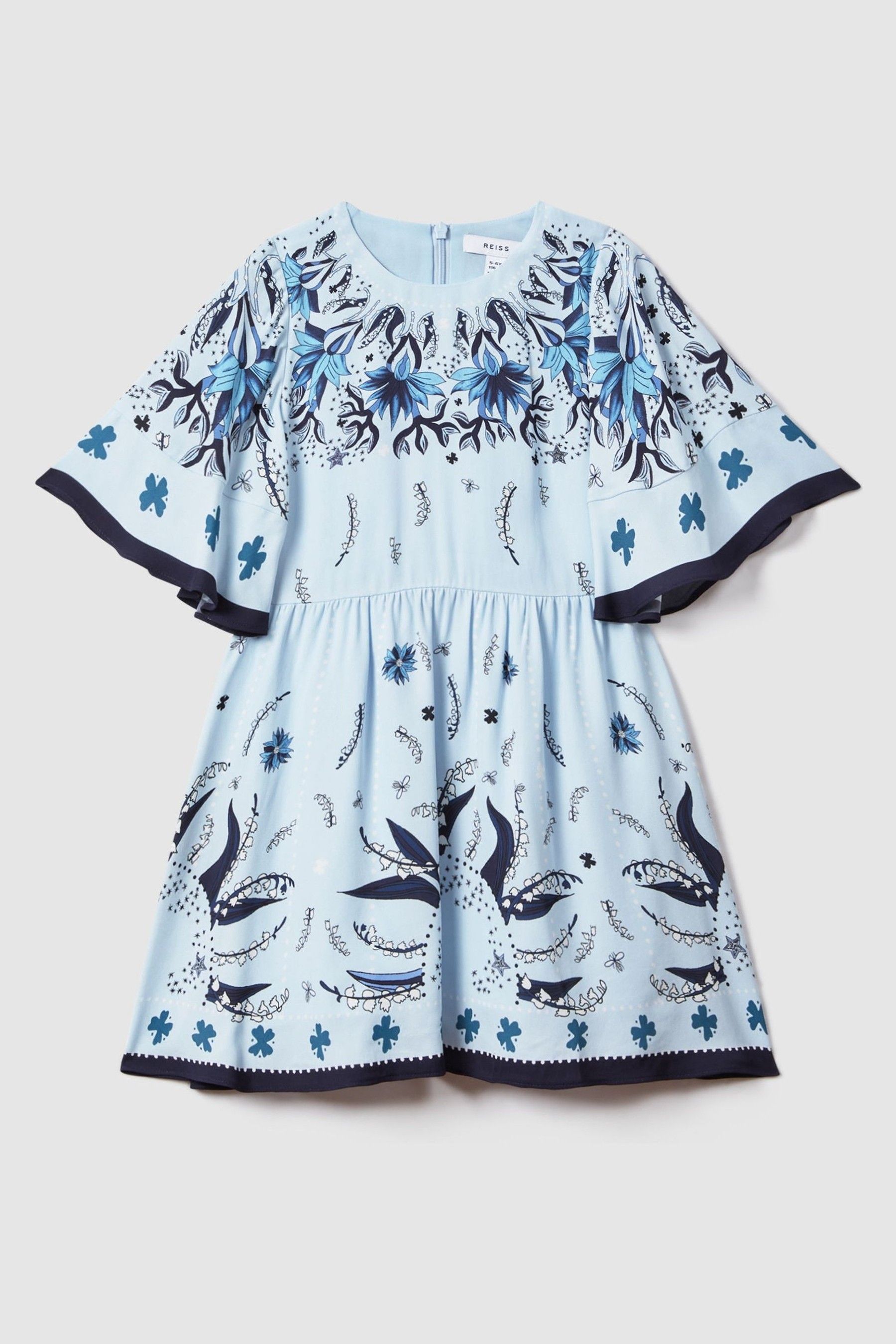 Reiss Blue Ania Junior Printed Flared Sleeve Dress
