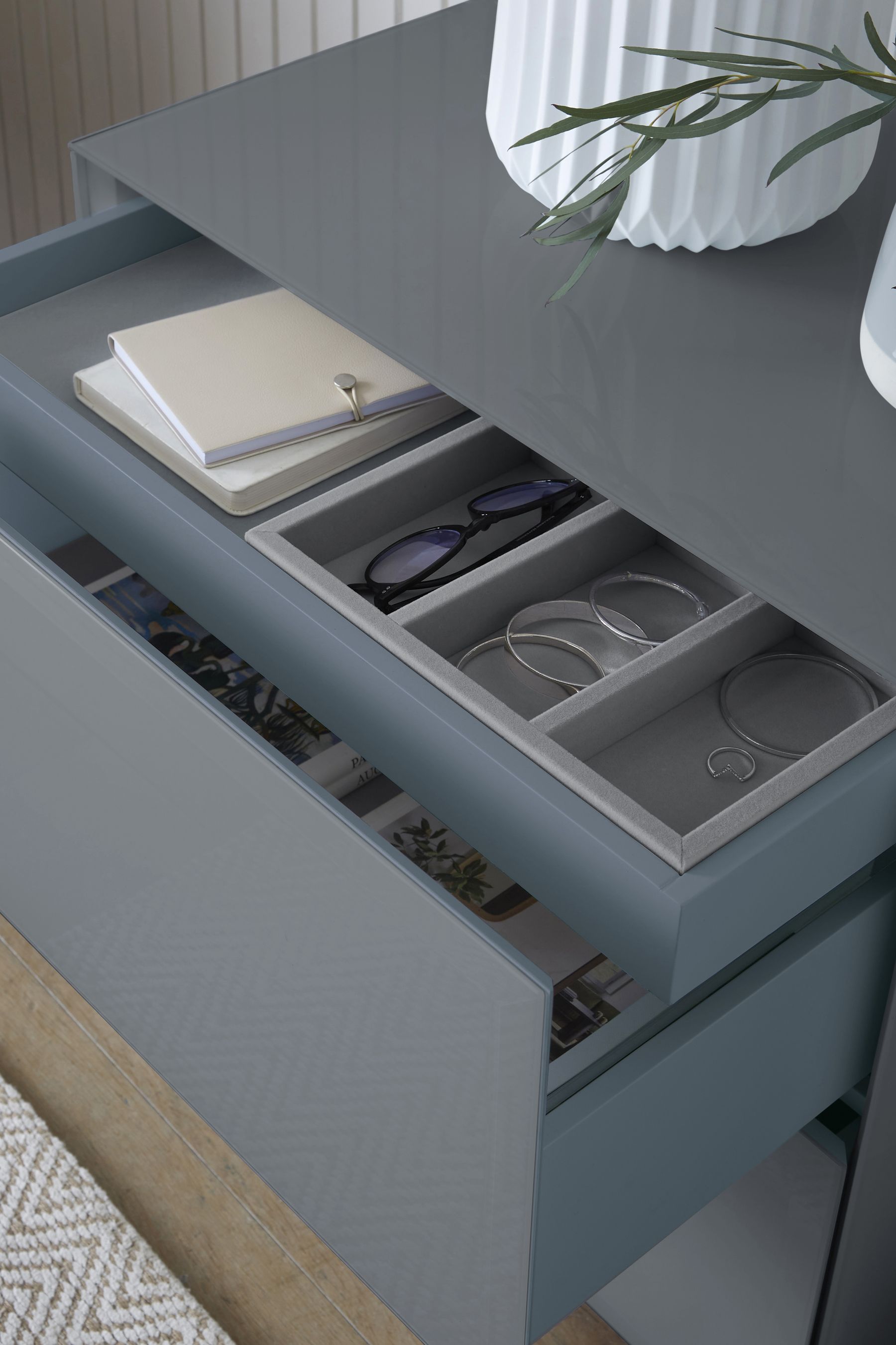 Buy Grey Sloane Glass Collection Luxe 2 Drawer Wide Bedside Table from