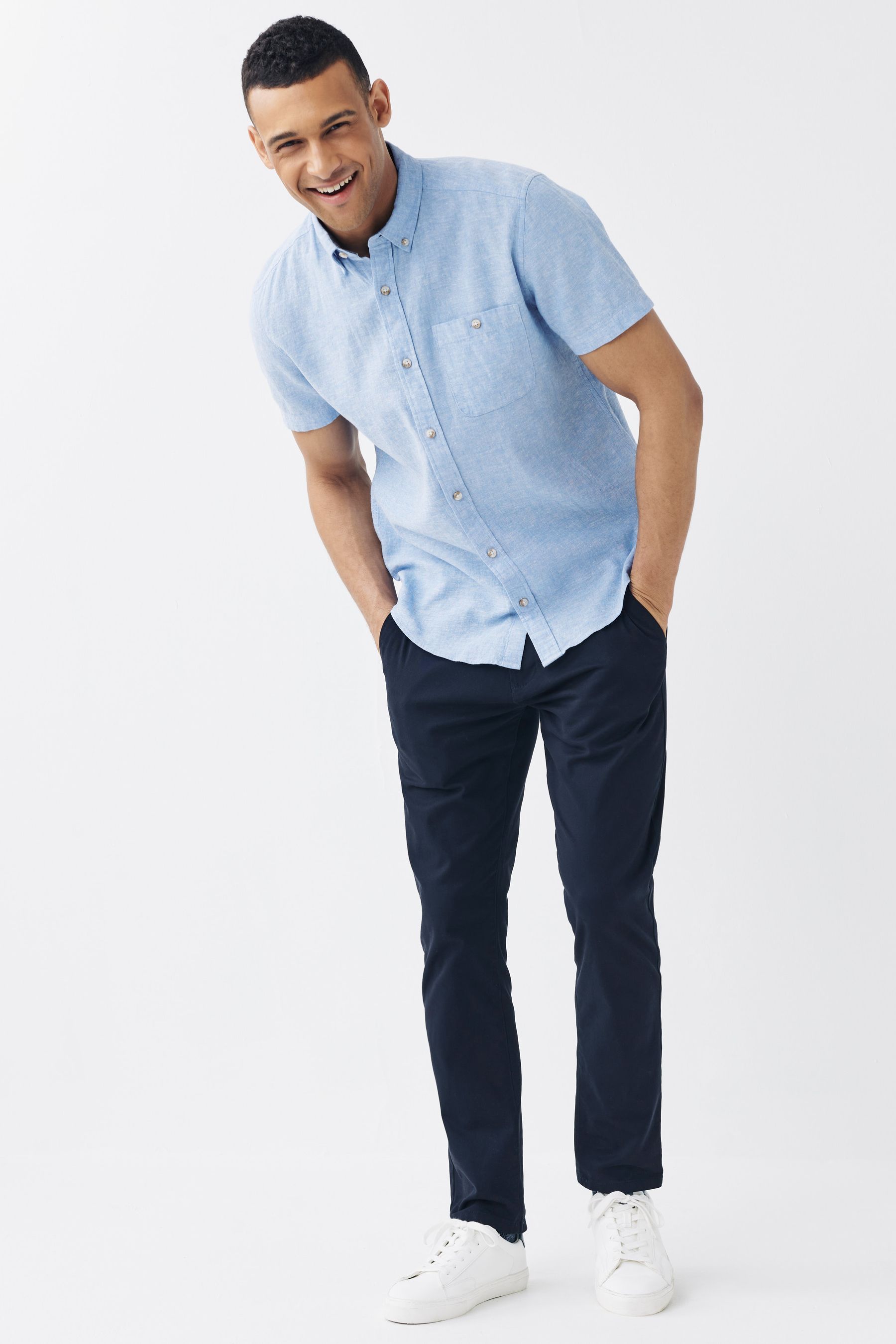 Buy Light Blue Regular Fit Linen Blend Short Sleeve Shirt from the Next ...