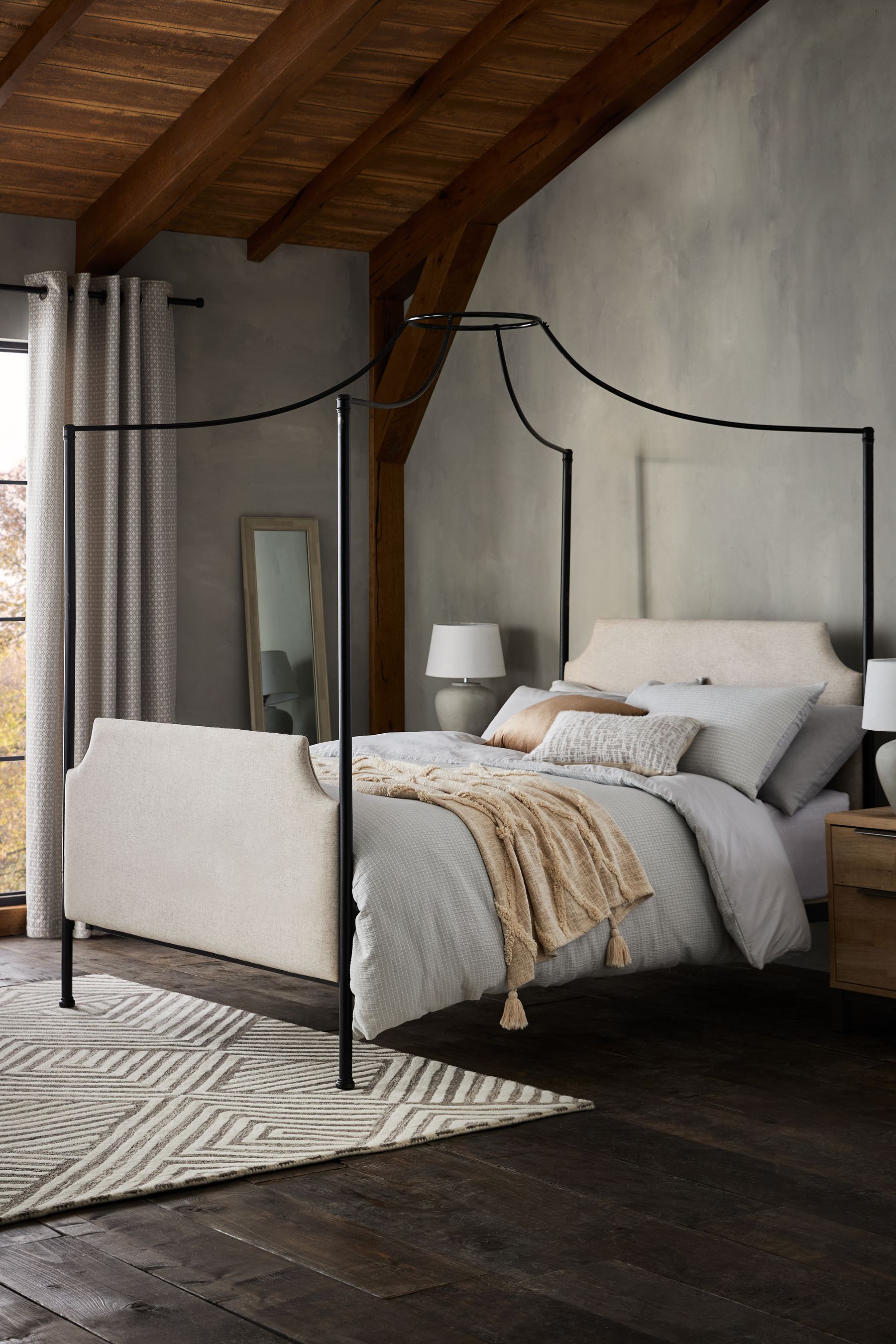 Buy Black Isla Metal 4 Poster Bed Frame with Wool Blend Natural Stone