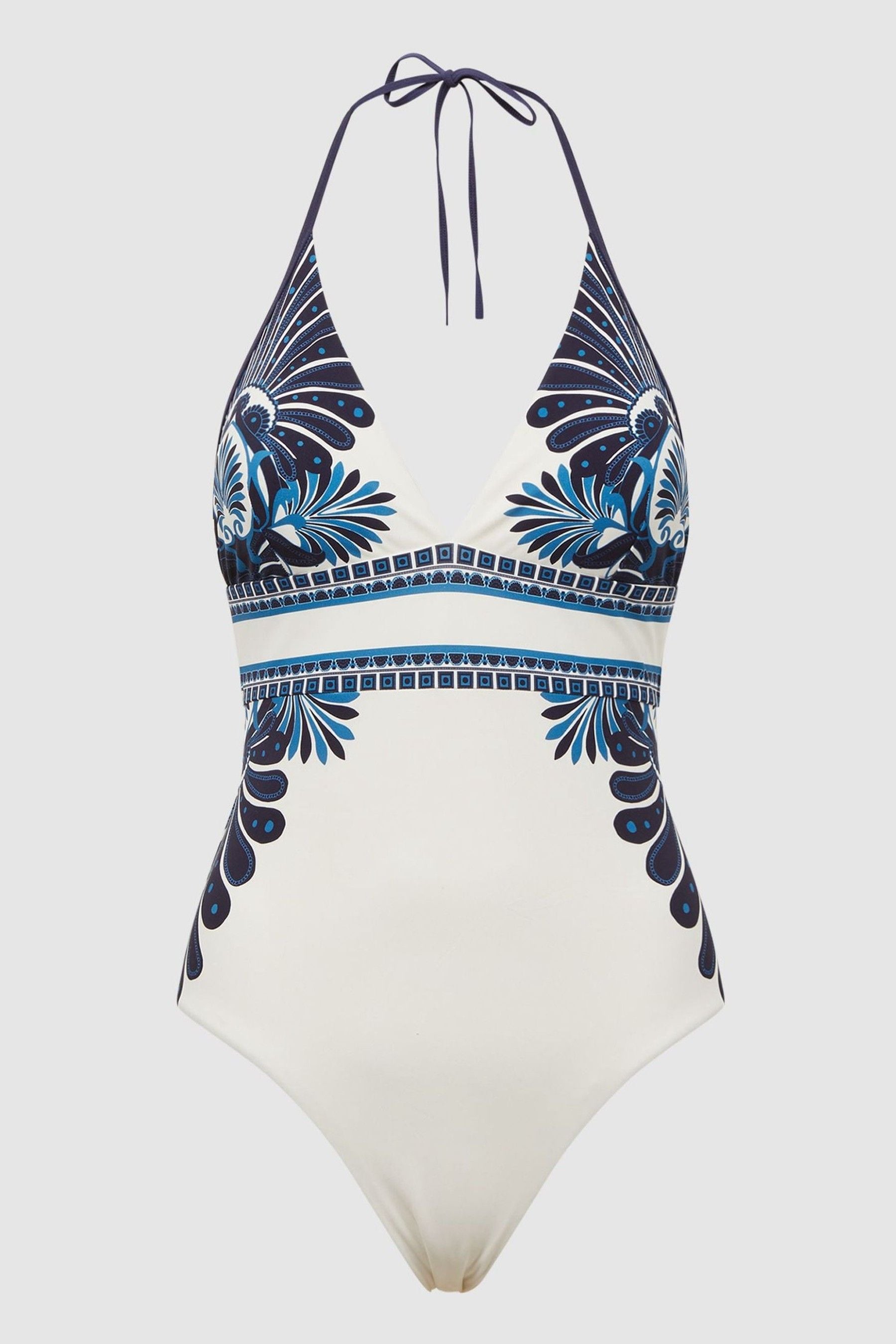 Buy Reiss White Print Monica Printed Halter Neck Swimsuit from the Next
