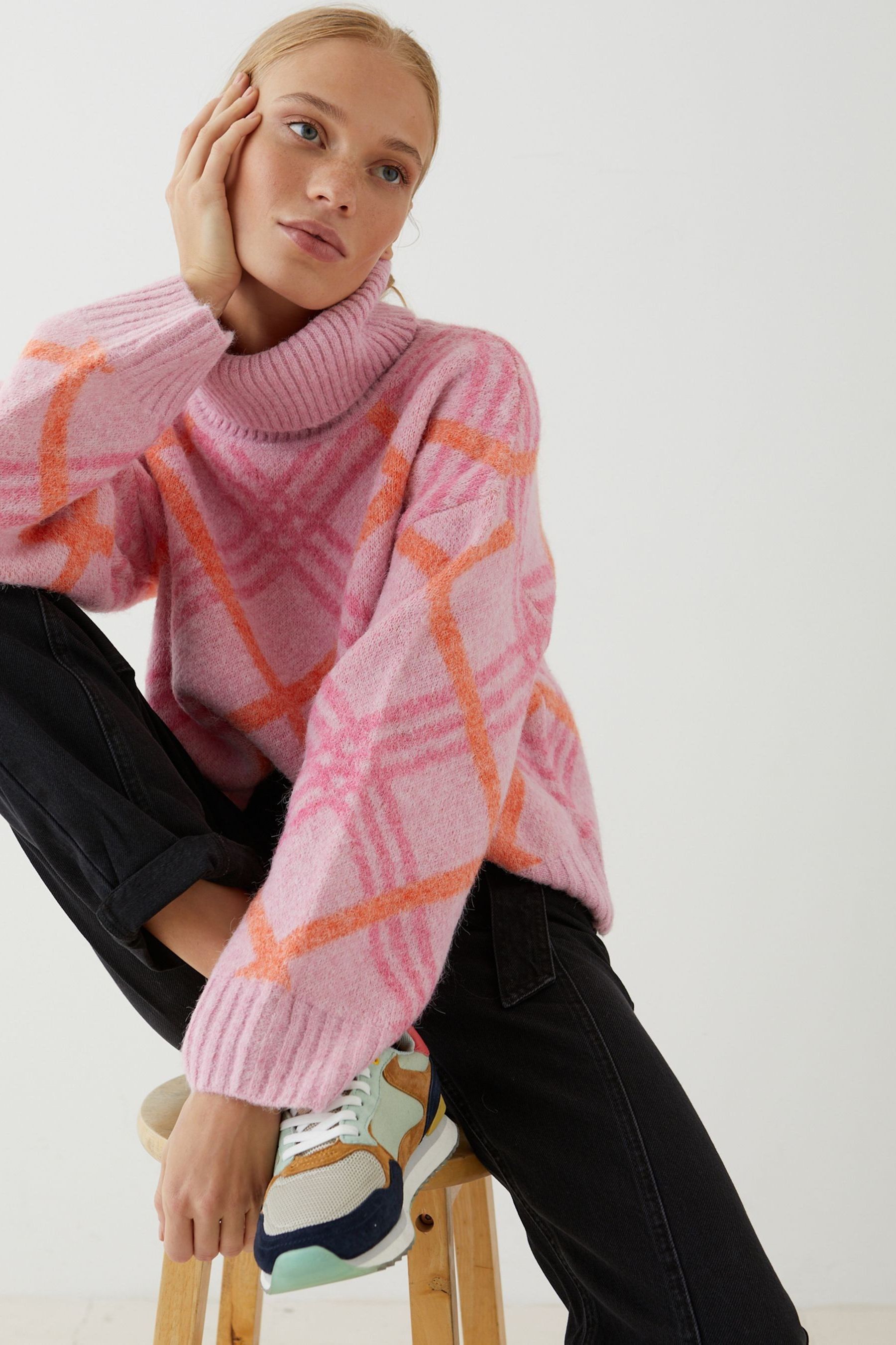 Buy Oliver Bonas Pink Check Knitted Jumper from Next Ireland