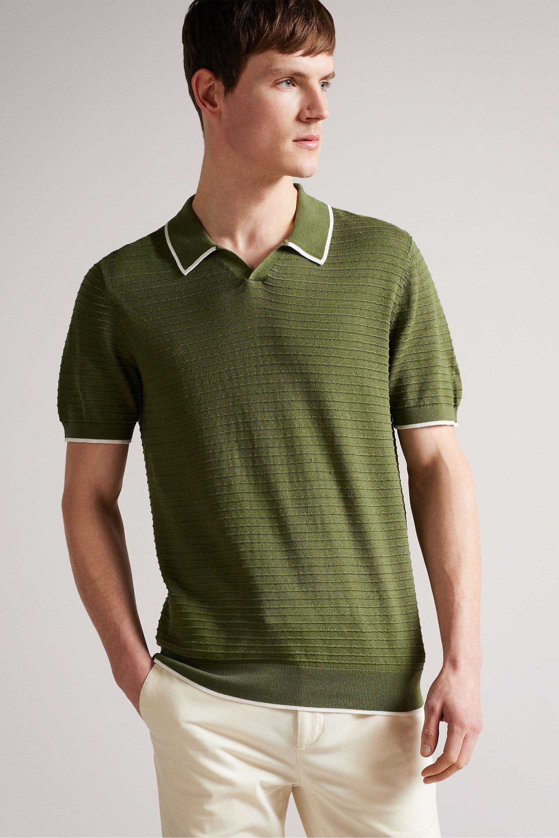 Buy Ted Baker Green Durdle Textured Striped Knitted Polo Shirt from