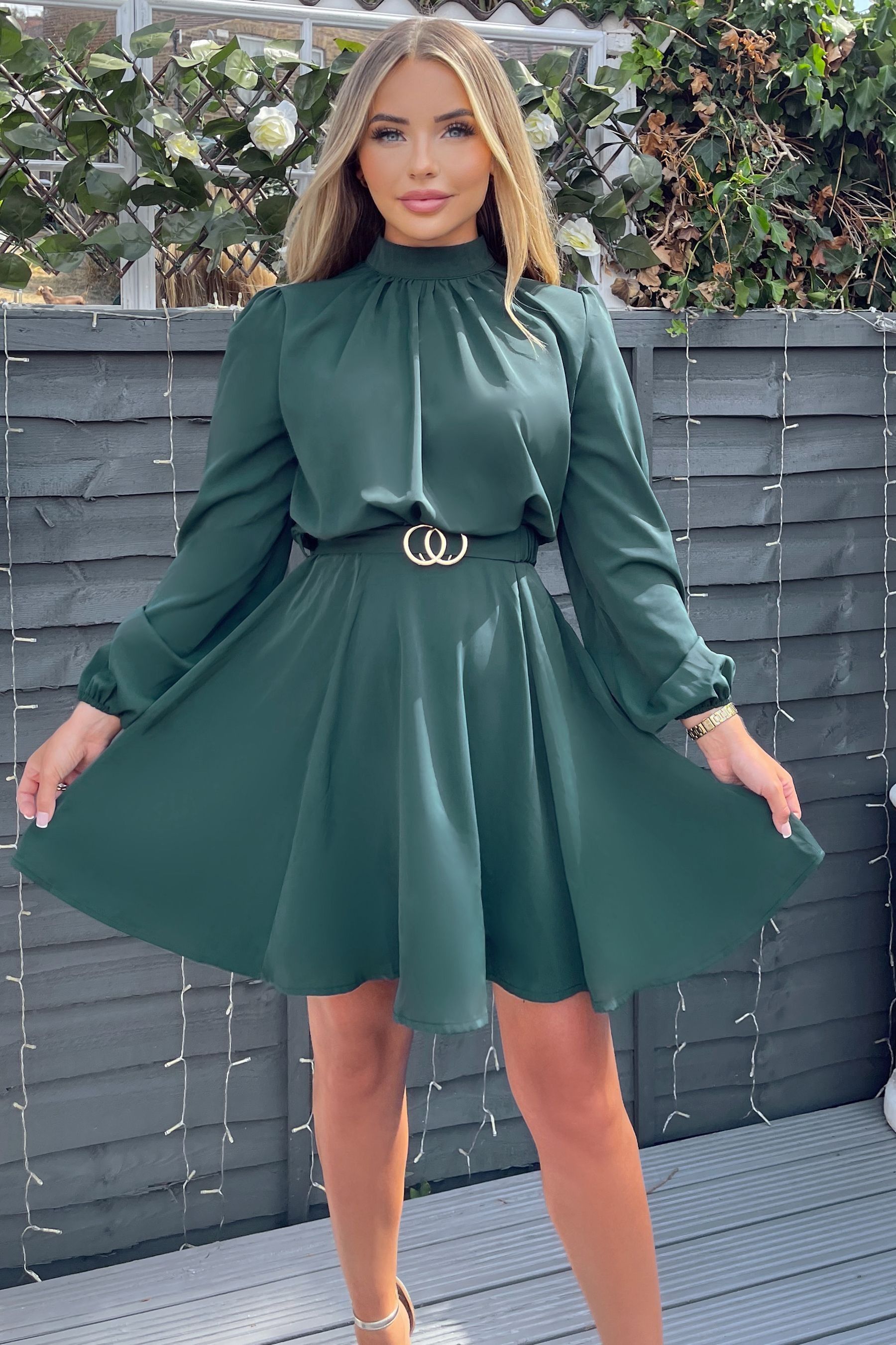 Buy AX Paris Teal Green High Neck Long Puff Sleeve Belted Skater Dress