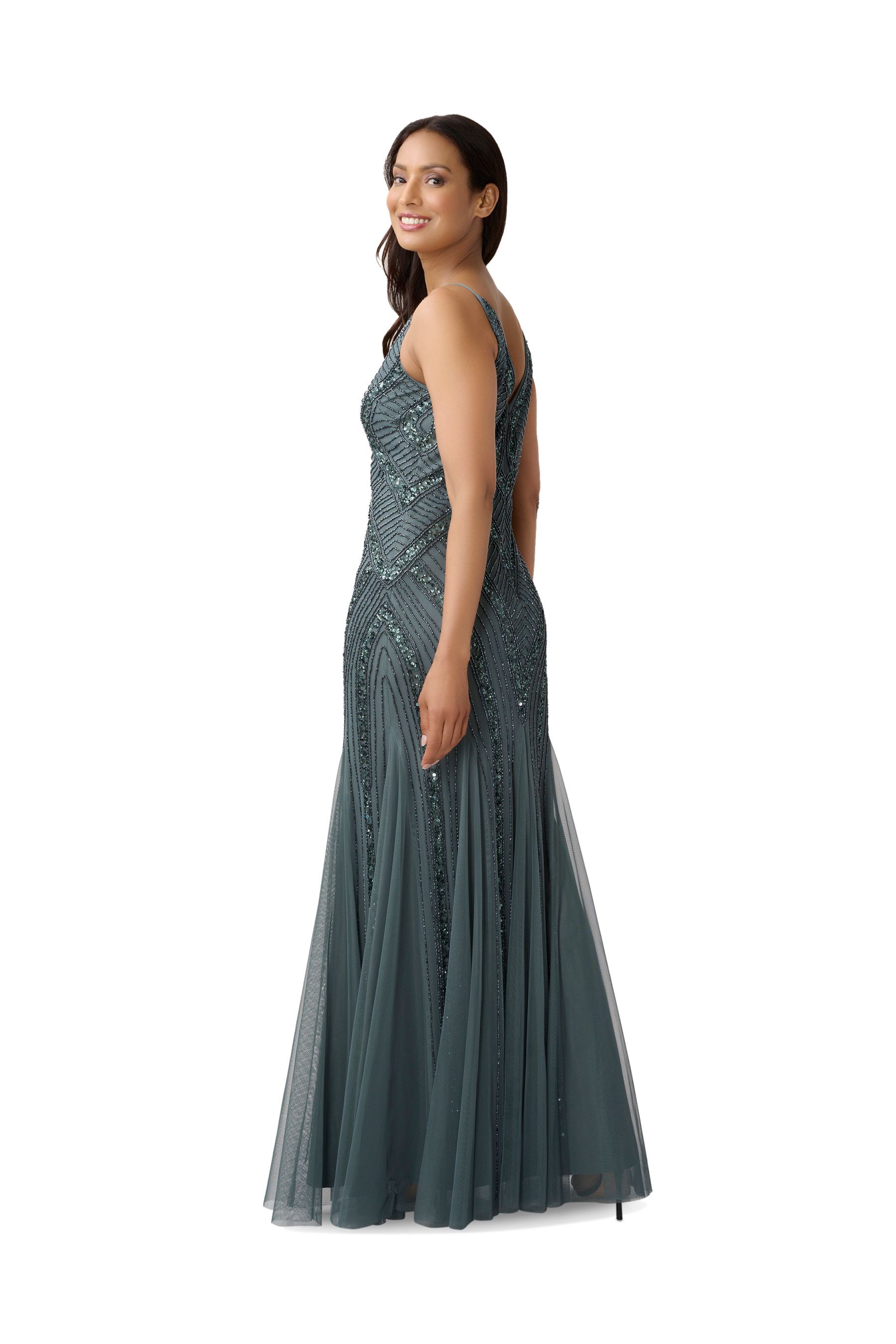beaded gown with godets in biscotti