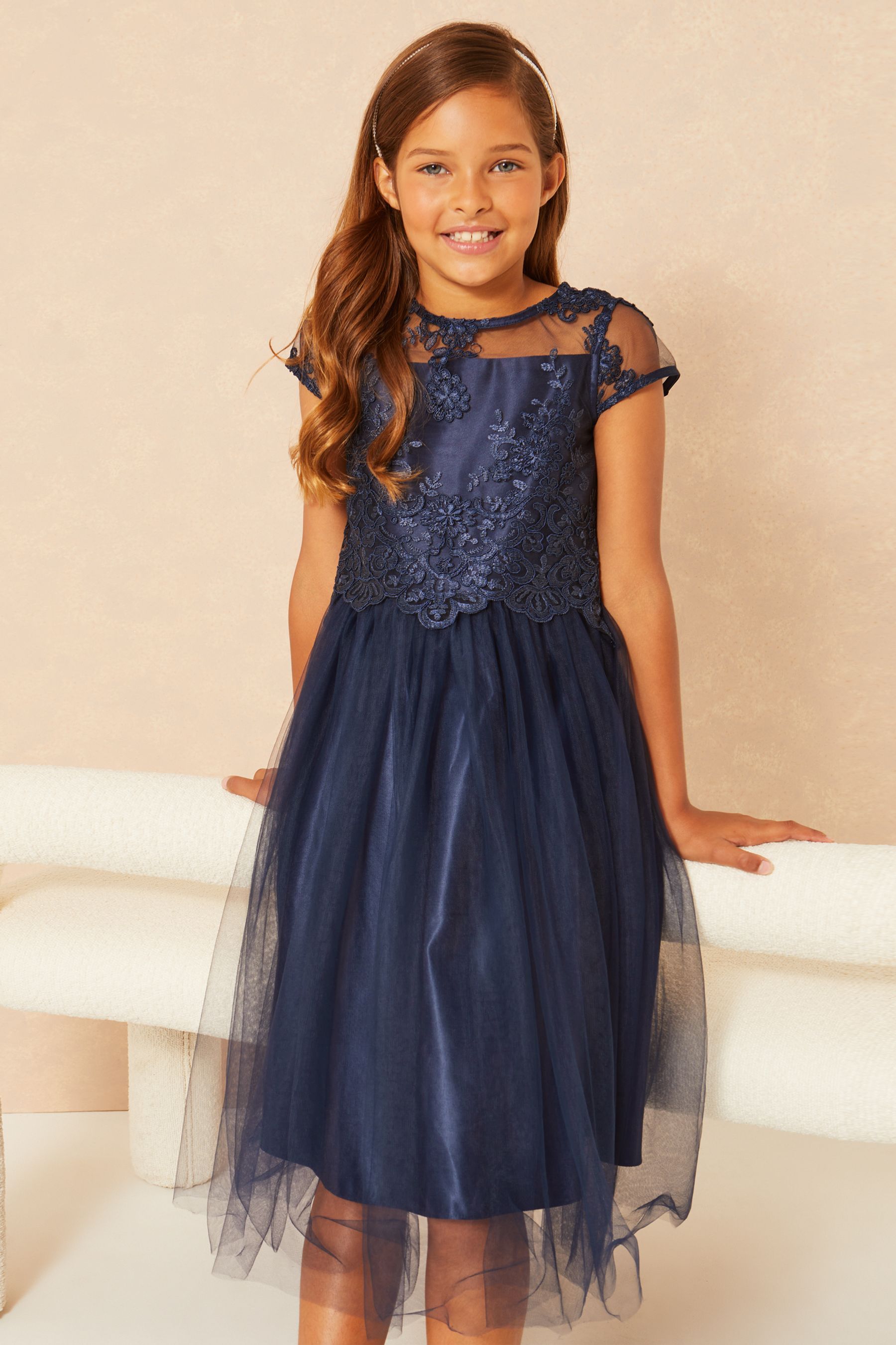 Kid's Dream Girl's Navy Sequin & Mesh Party Dress - Flower Waist Pin