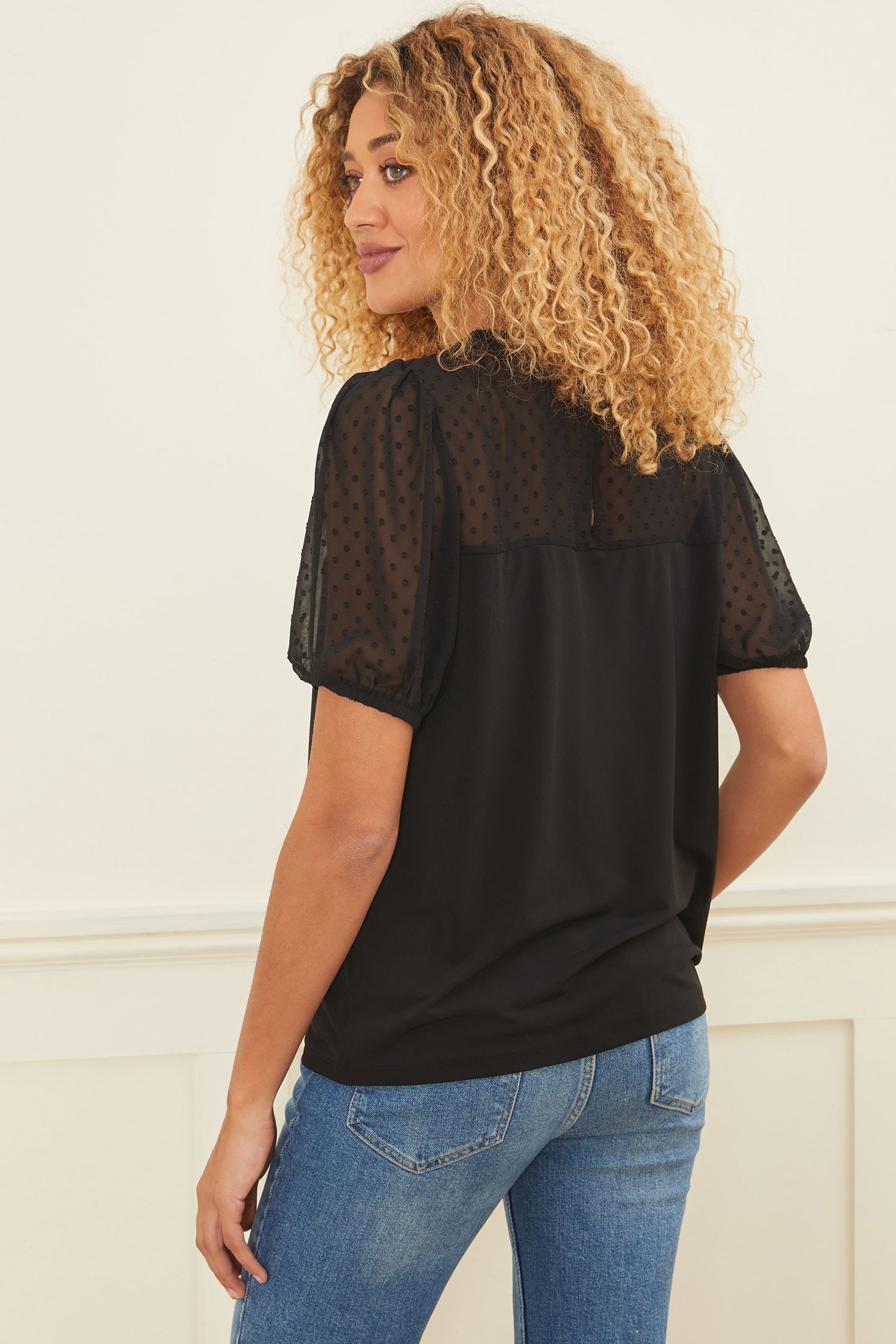 Buy Love & Roses Black Scallop Dobby Yoke Round Neck Short Sleeve