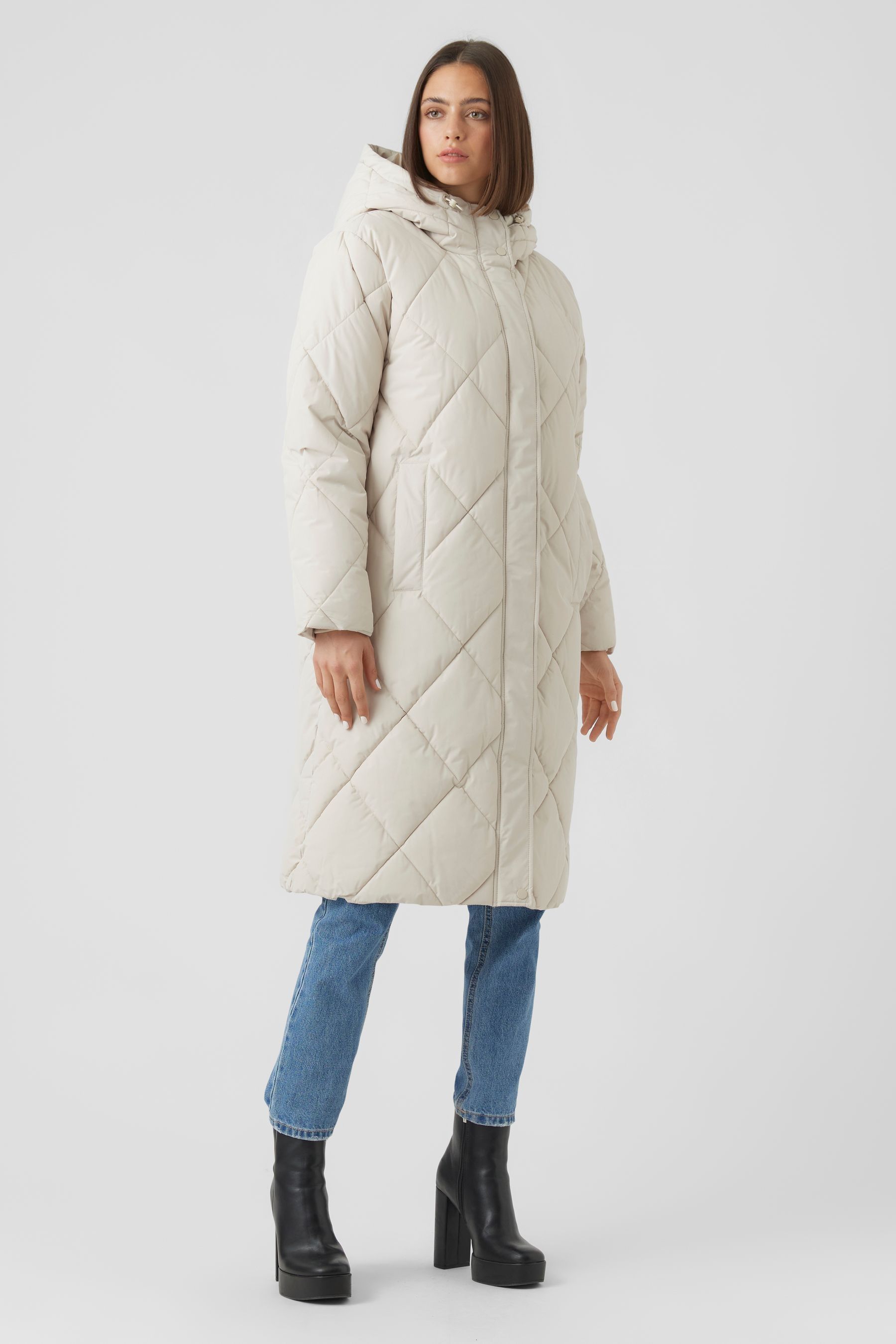 Buy VERO MODA Quilted Padded High Neck Longline Coat With Hood from ...