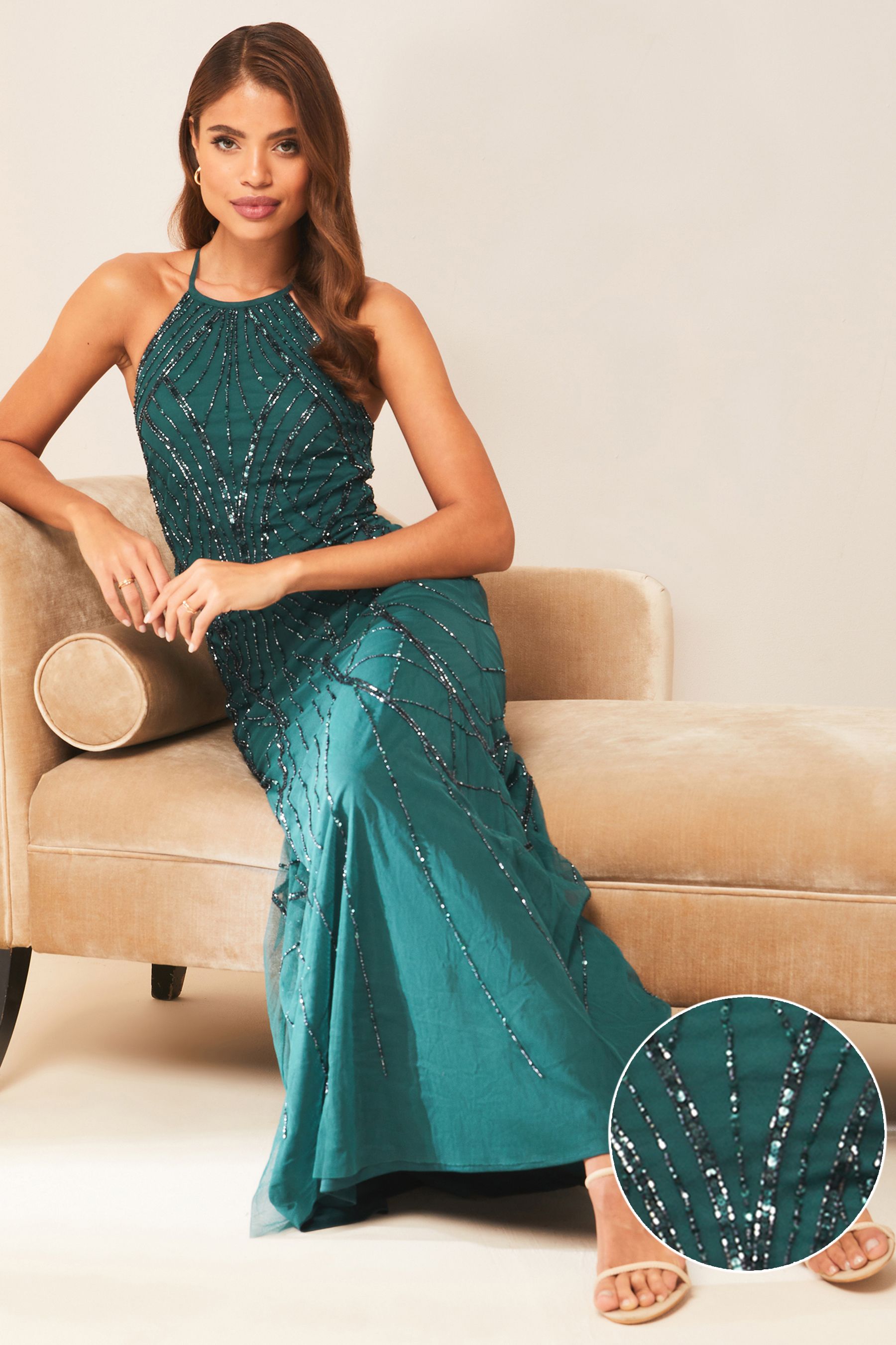 Buy Lipsy Forrest Green Kate Hand Embellished Sequin Halter Bridesmaid