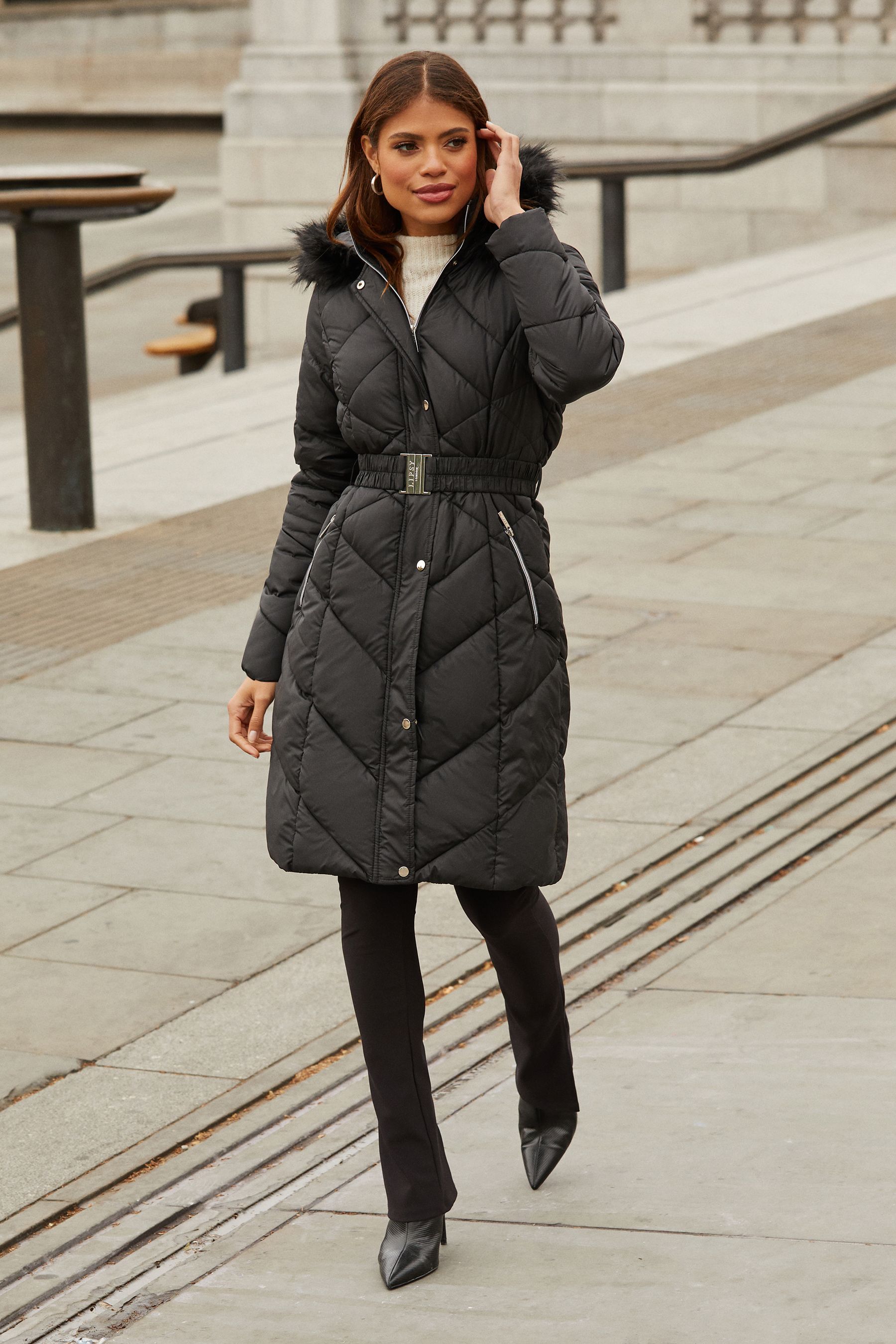 Buy Lipsy Black Longline Belted Fur Hood Puffer Padded Coat from the ...