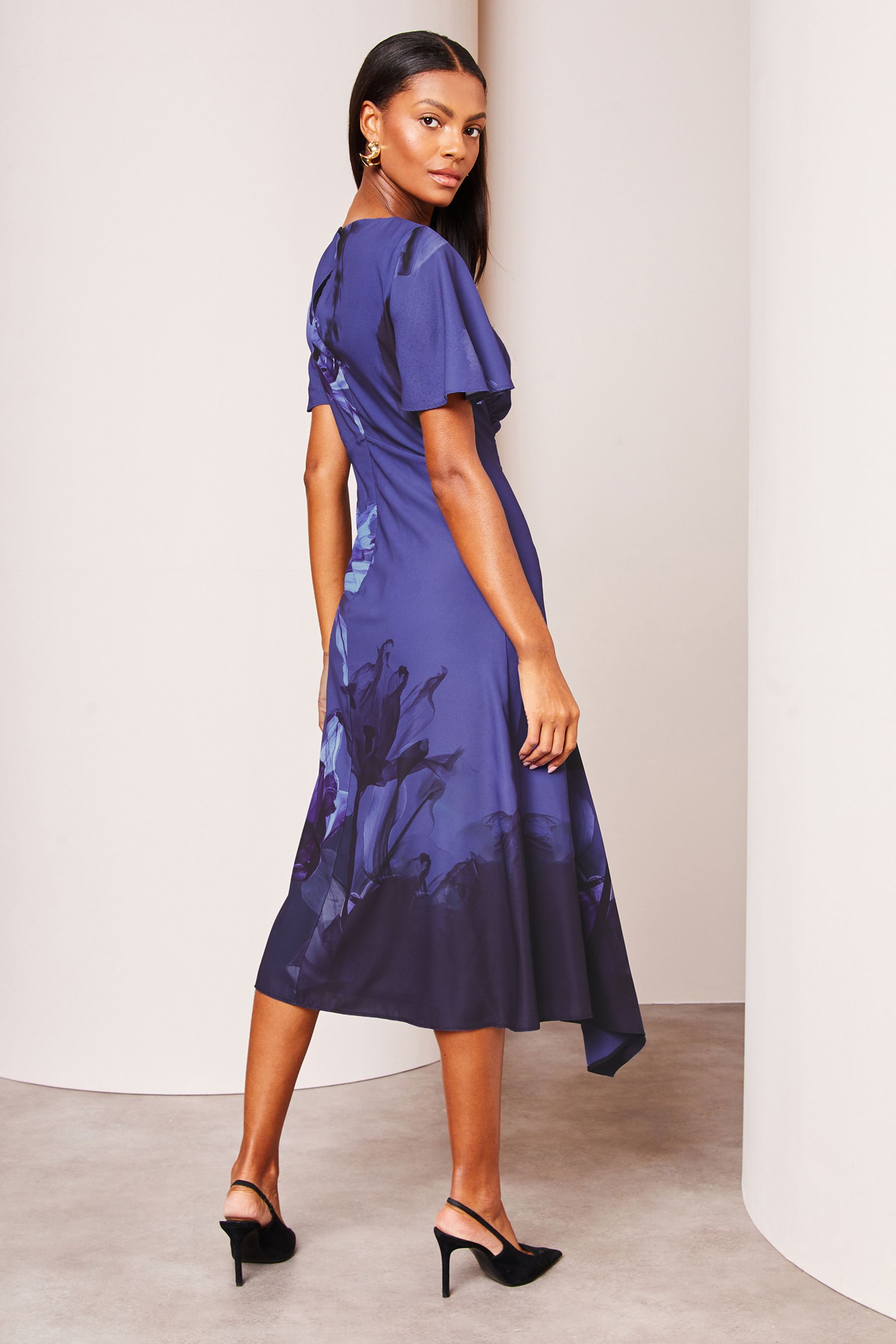 Buy Lipsy Ruched Asymmetrical Flutter Sleeve Midi Dress from Next Canada