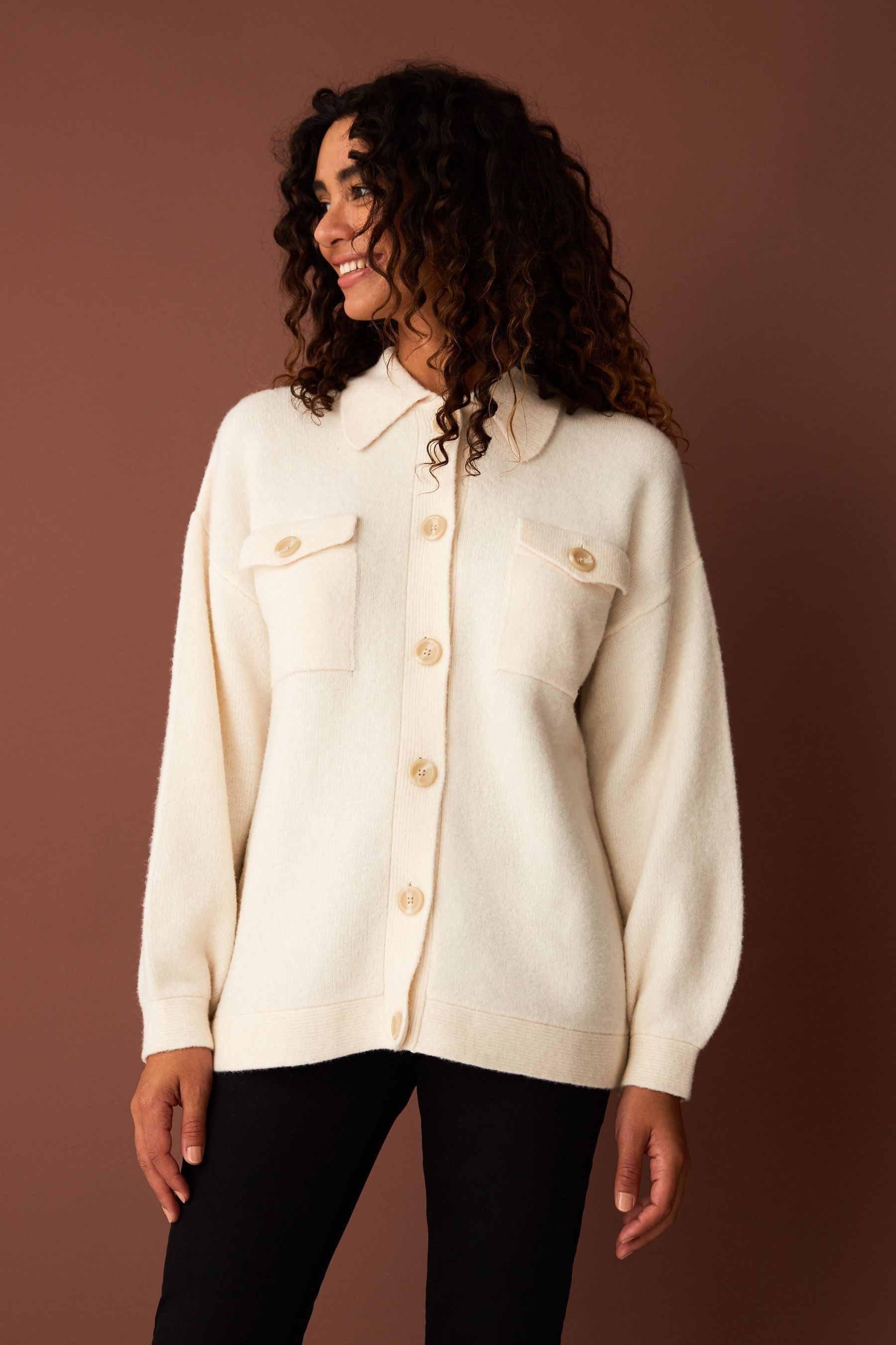 Buy F&F Cream Knitted Button Front Shacket from Next Ireland