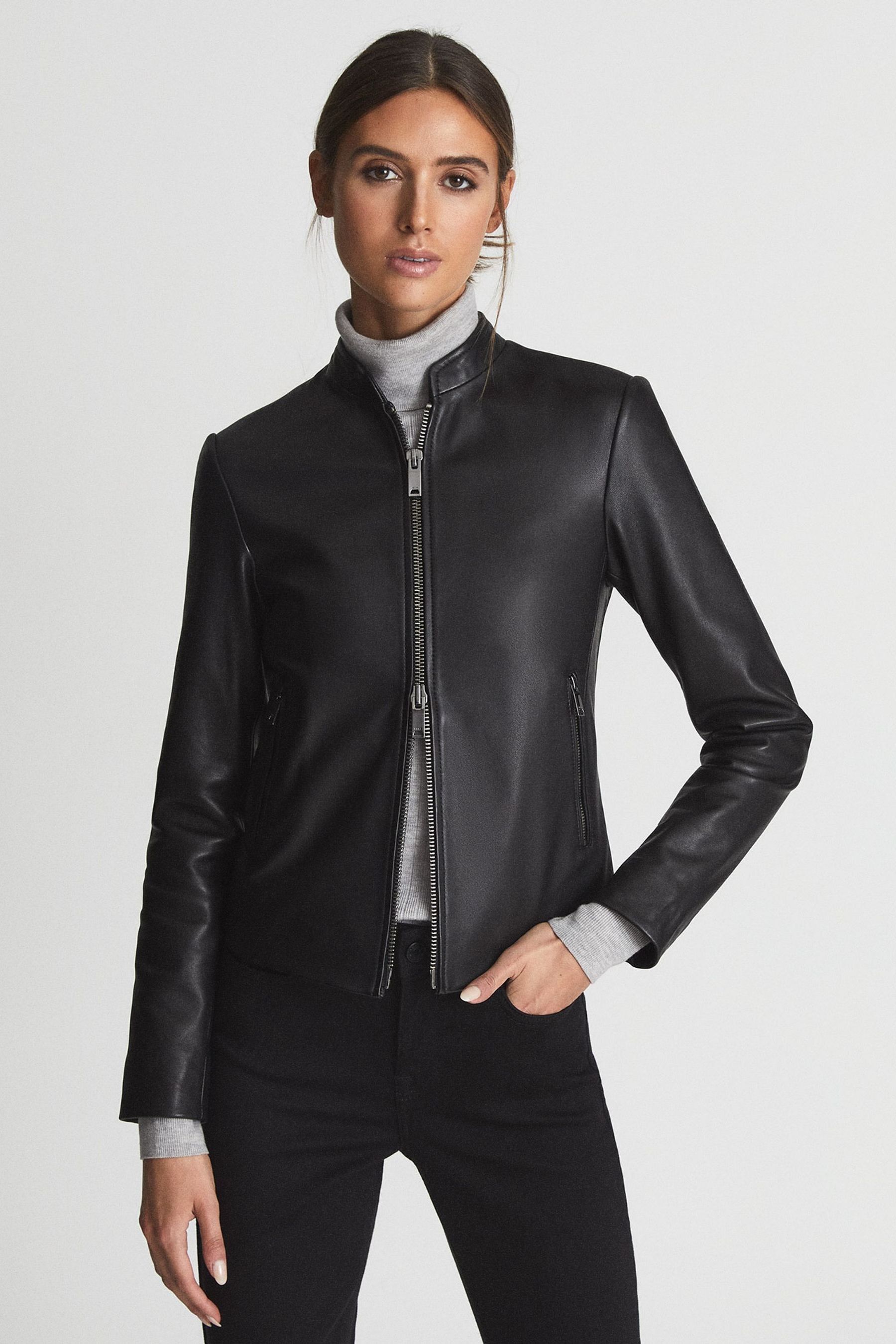Buy Reiss Black Allie Leather Collarless Biker Jacket from ... (1800 x 2700 Pixel)