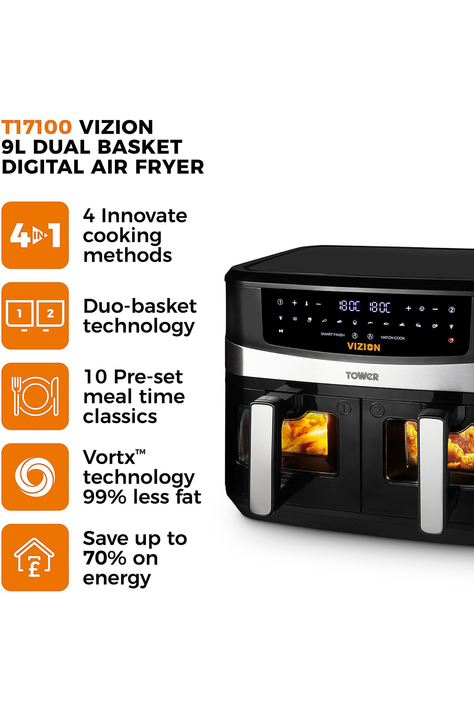 Buy Tower Black Vortx Vizion 9L Dual Basket Air Fryer From The Next UK ...