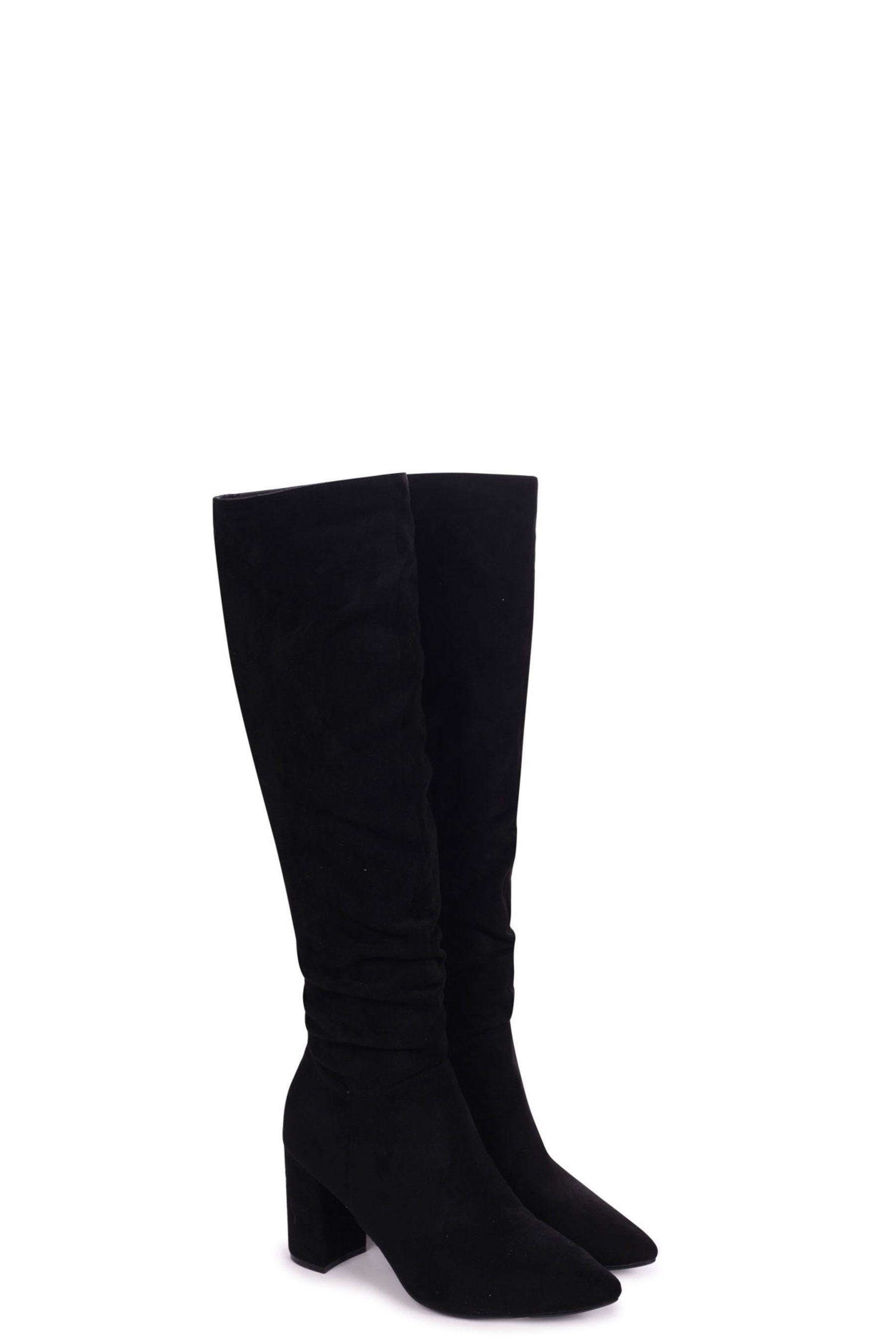 Buy Linzi Black Bonnie Faux Suede Block Heel Knee High Ruched Boot With ...