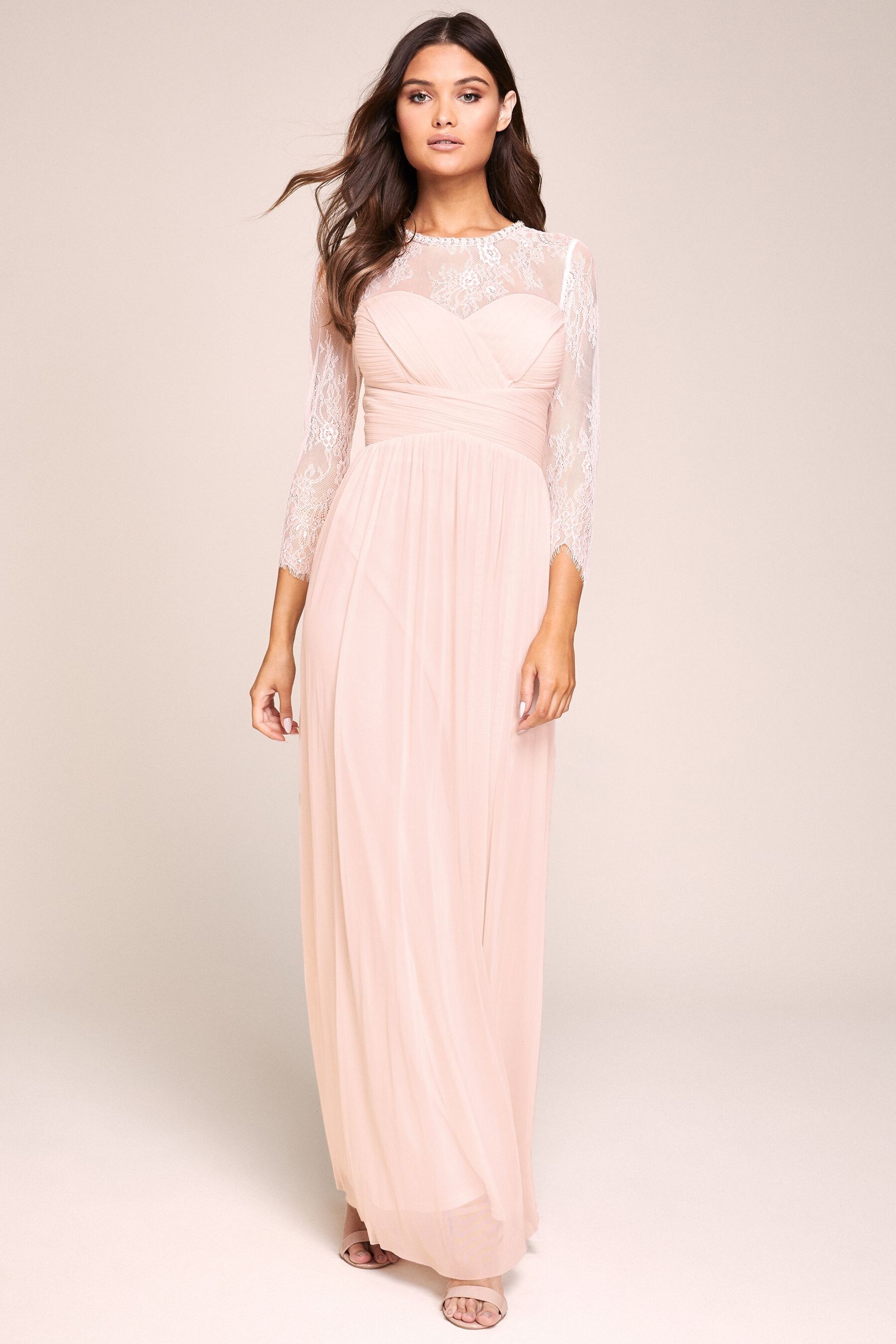 Buy Lipsy Bridsmaid Elsa Lace Long Sleeve Mesh Maxi Dress from Next Ireland