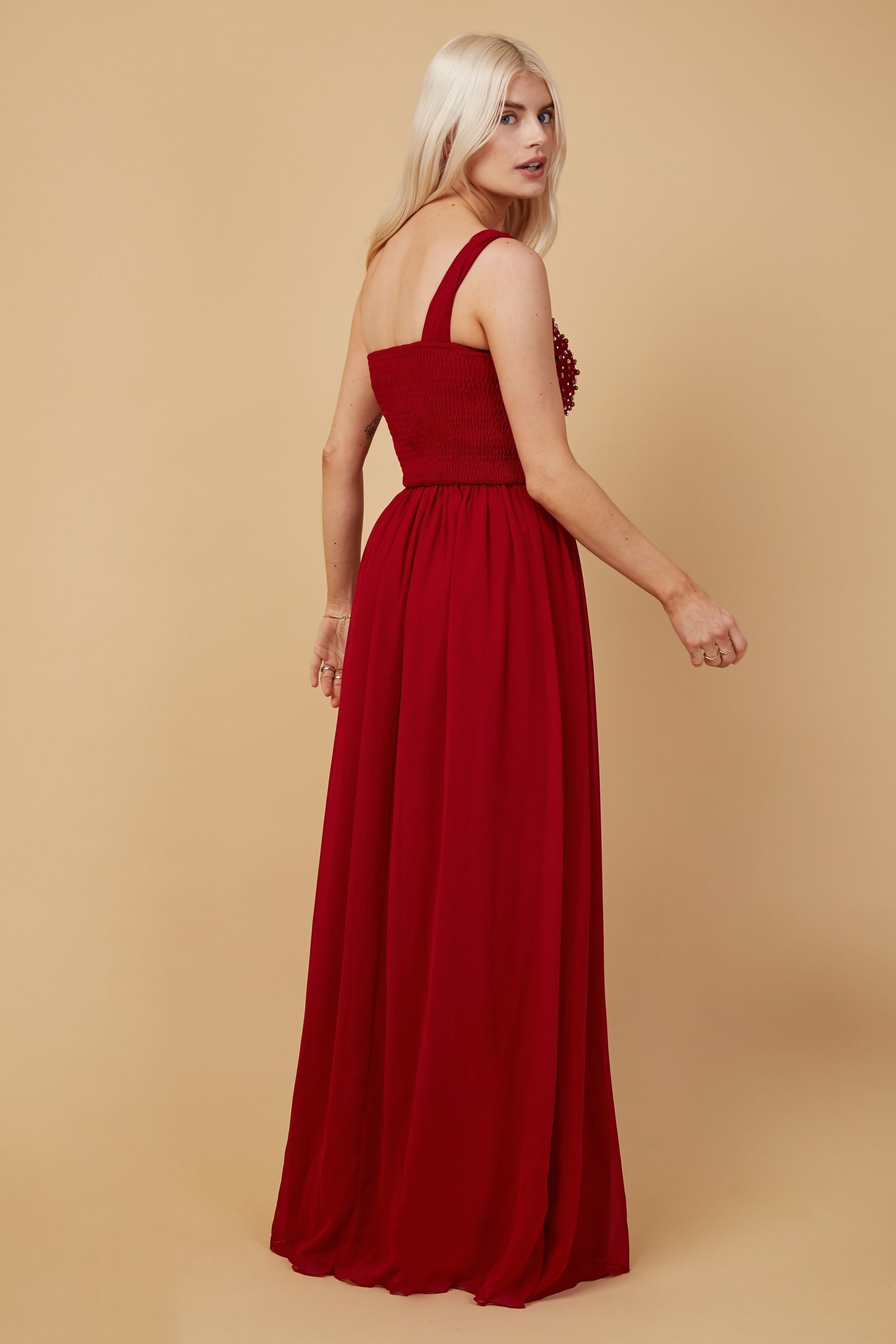 red embellished gown