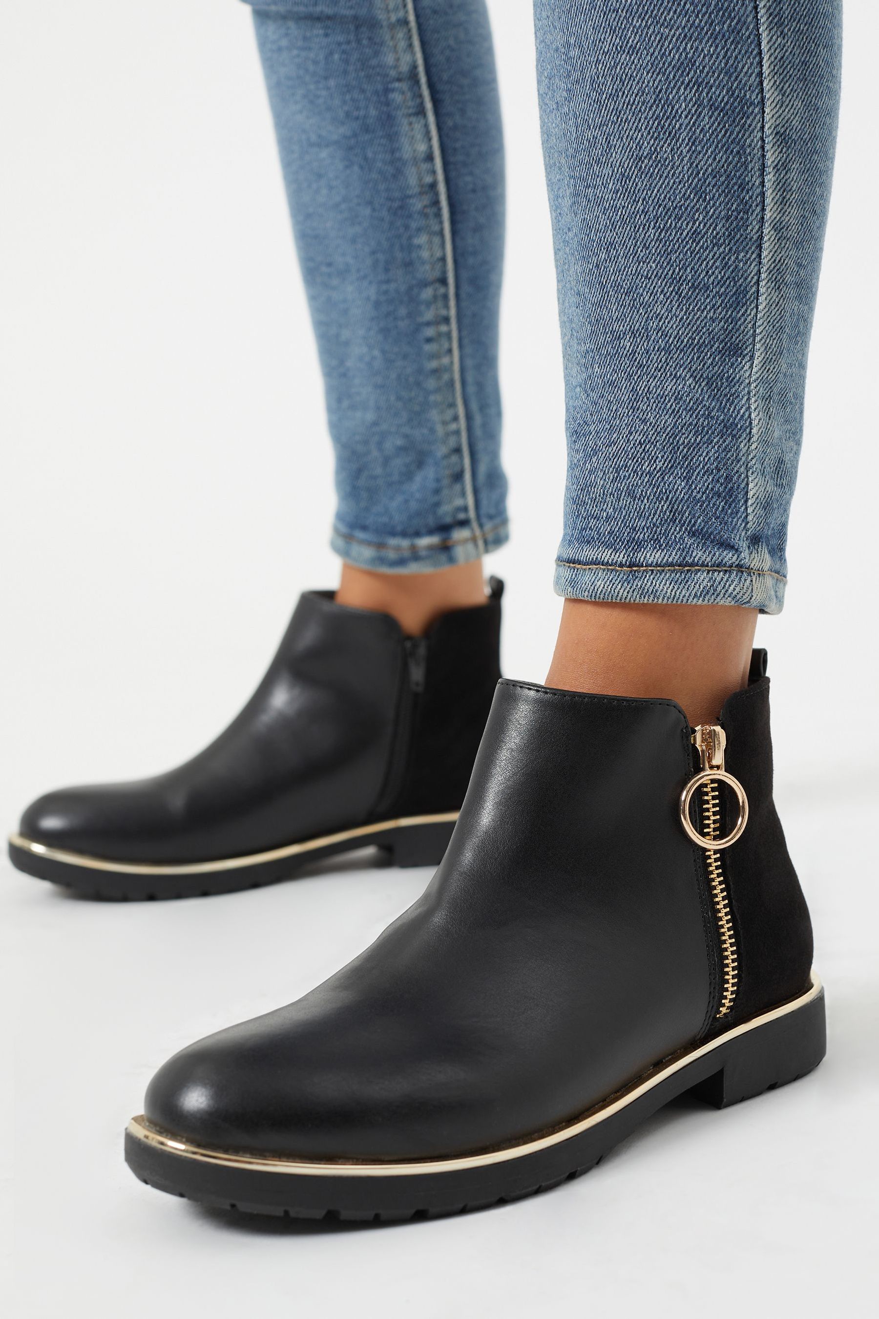 flat ankle boots with front zip