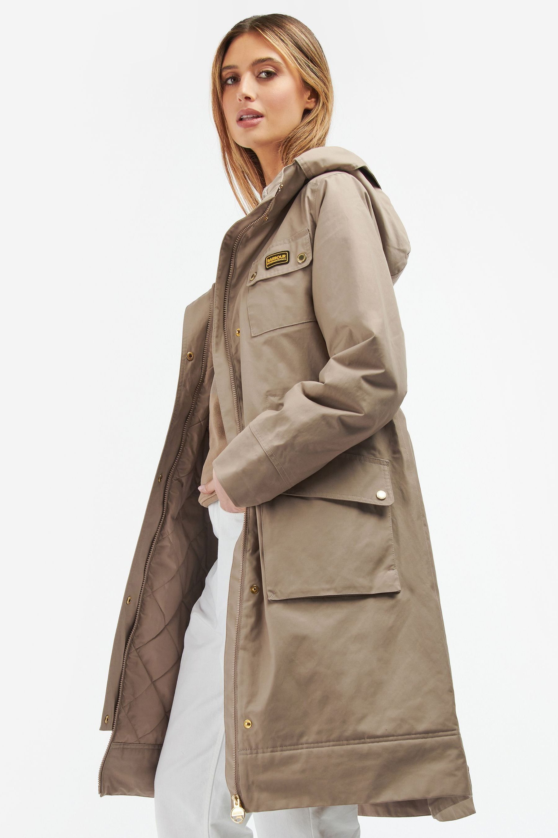 Buy Barbour® International Padded Longline Belted Trackline Beige