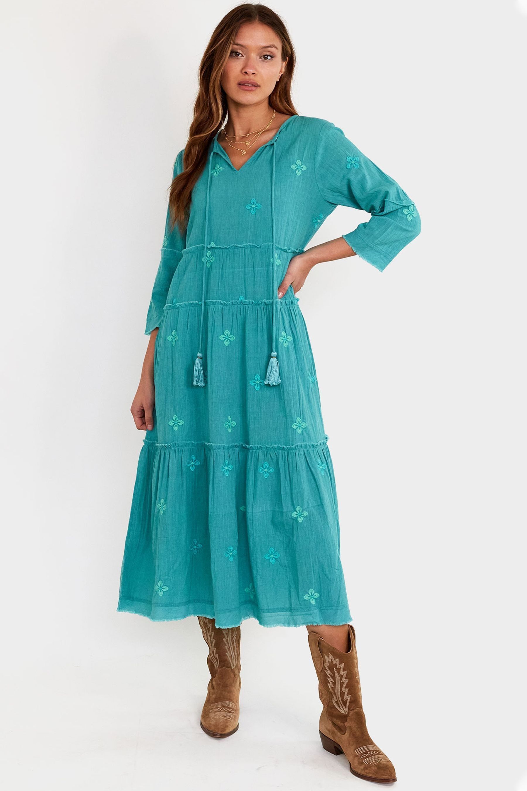 Buy Aspiga Teal Blue Willow Embroidered Organic Cotton Dress from Next ...