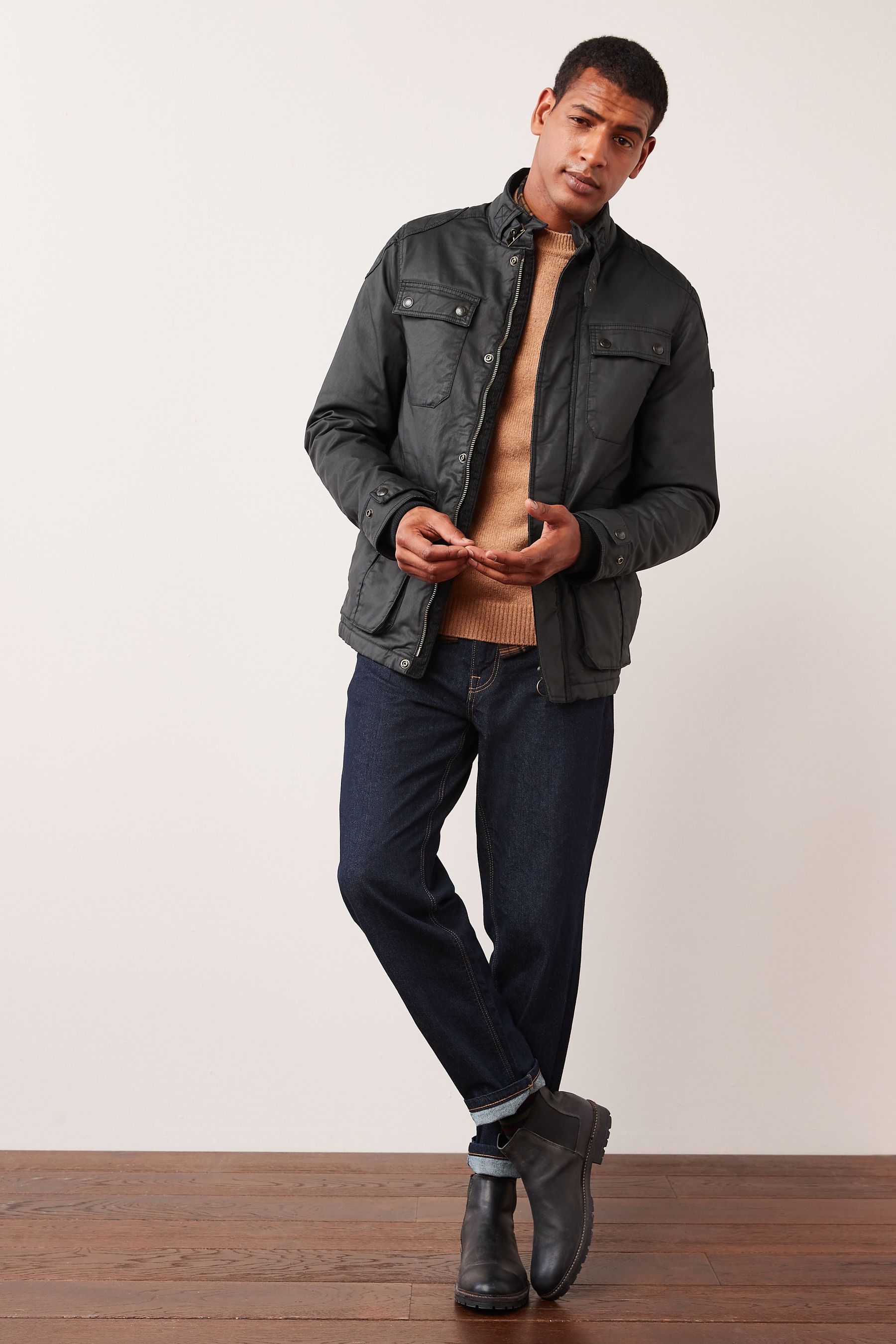 Buy Black Shower Resistant Coated Cotton Biker Jacket from Next Ireland