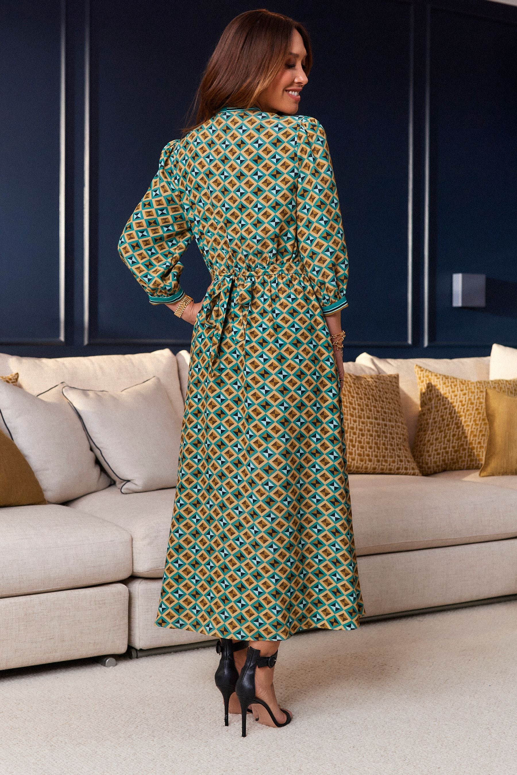Buy Myleene Klass Green Printed Tie Neck Midi Dress from Next Ireland