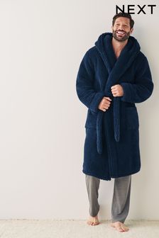 Navy Blue Borg Hooded Dressing Gown