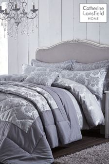 Catherine Lansfield Silver Damask Jacquard Duvet Cover and Pillowcase Set