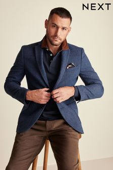 Blue Slim Fit Wool Rich Herringbone Blazer