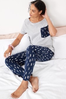 Navy Blue/Grey Cotton Blend Short Sleeve Pyjamas