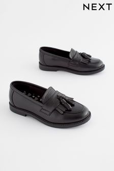 Matt Black Wide Fit (G) Leather Tassel Loafer School Shoes