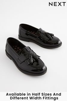 Black Patent Narrow Fit (E) Leather Tassel Loafer School Shoes