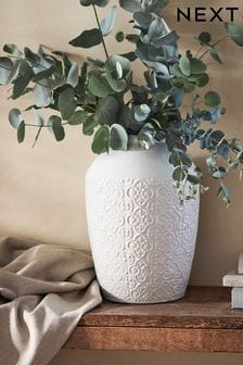 White Large Tile Embossed Ceramic Vase