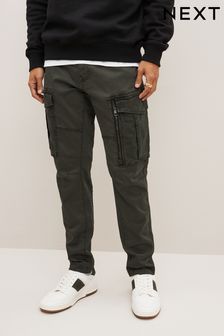 Dark Khaki Green Slim Fit Zip Detail Stretch Cargo Trousers