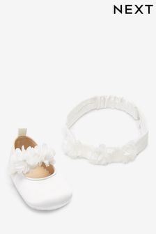 White Satin Corsage Baby Shoes and Headband Occasion Set (0-18mths)