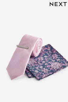 Pink/Blue Floral Slim Tie, Pocket Square And Tie Clip Set