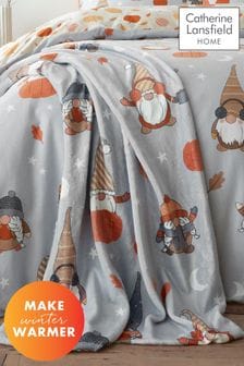 Catherine Lansfield Grey Autumn Pumpkin Gonks Cosy and Warm Fleece Throw