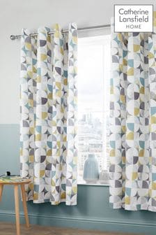 Catherine Lansfield Grey Retro Circles Lined Eyelet Curtains