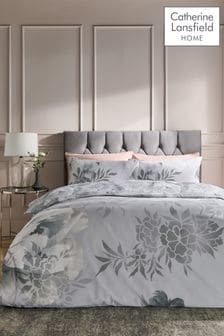 Catherine Lansfield Silver Dramatic Floral Duvet Cover And Pillowcase Set